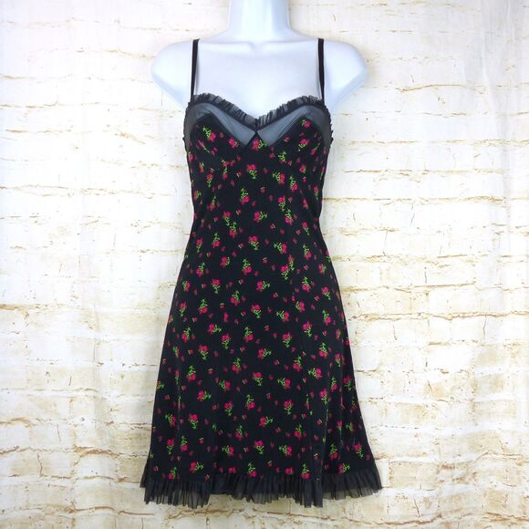 VTG Victorias Secret Slip Dress S Black Roses Ruffles Sexy Little Thing Y2K 90s - Picture 2 of 14